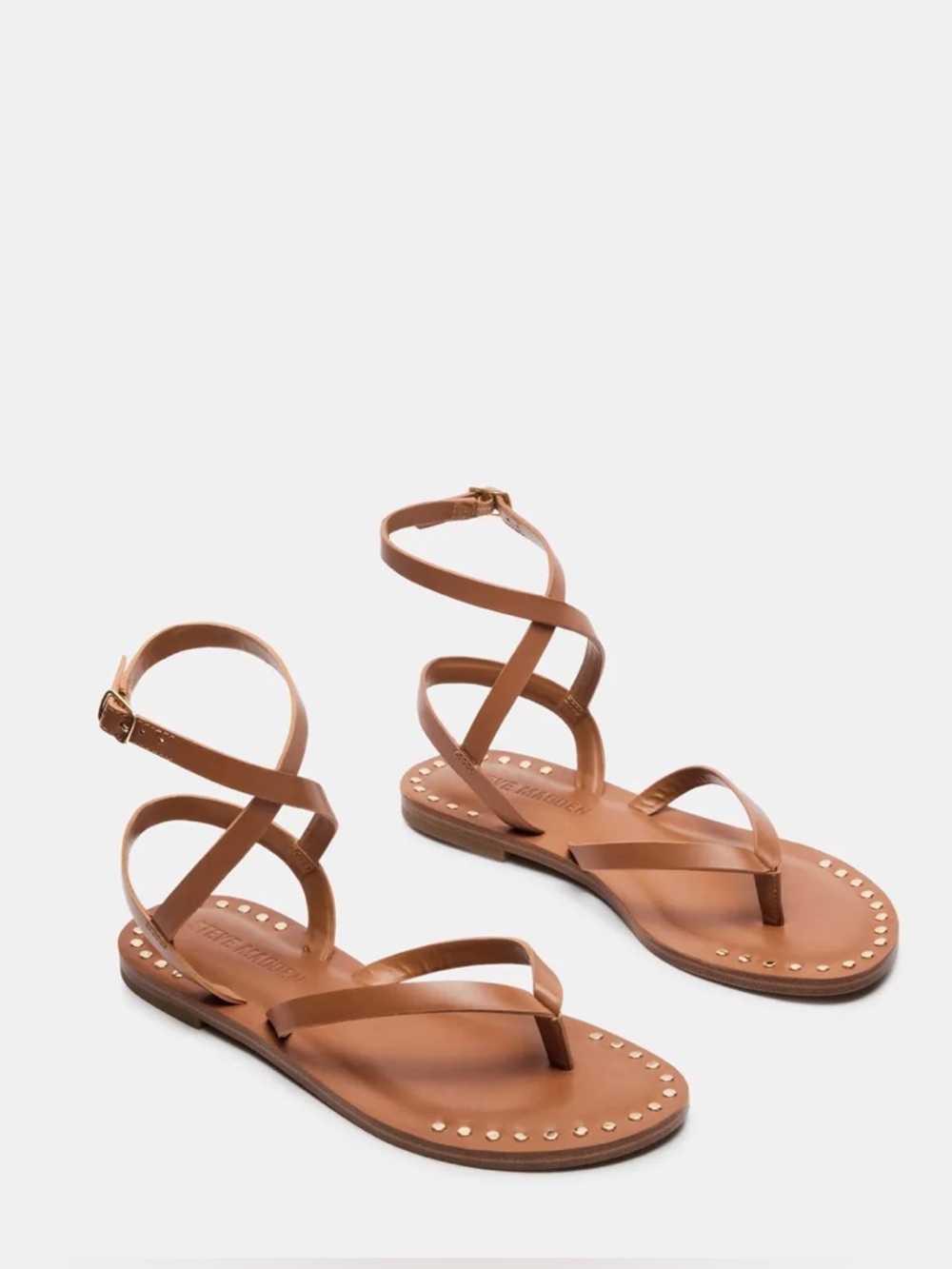 Steve Madden Cognac Strappy Studded Brown Ankle-Wrap Sandals | Size 9